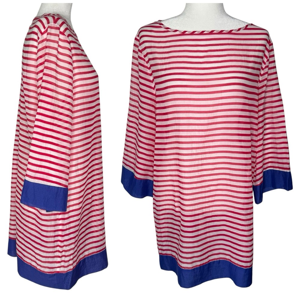 Talbots M Breton Stripe Sheer Top Oversized Cover Shirt‎ Nautical Preppy Tunic